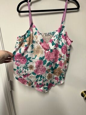 Free People Floral V-Neck Cami Tank in Pink, Teal & Tan